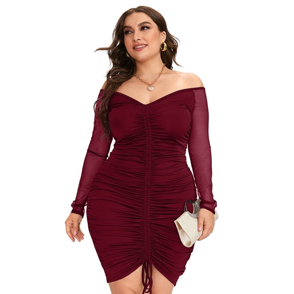 Dresses & Skirts - Red Bodycon Dress with Ruched Design Mesh Sleeves Size XXL